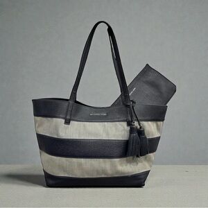 Michael Kors Denim & Leather Striped Tote w Leather Pouch